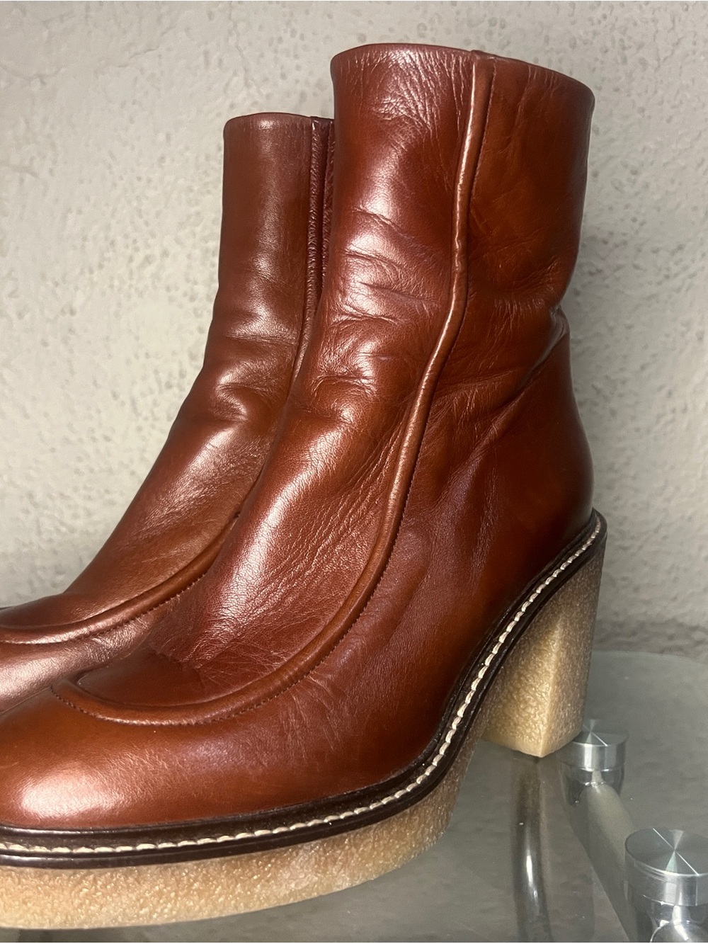 Boa Sorte Cognac Brown Leather Chunky Crepe Sole Heeled Ankle Boots - EU 40